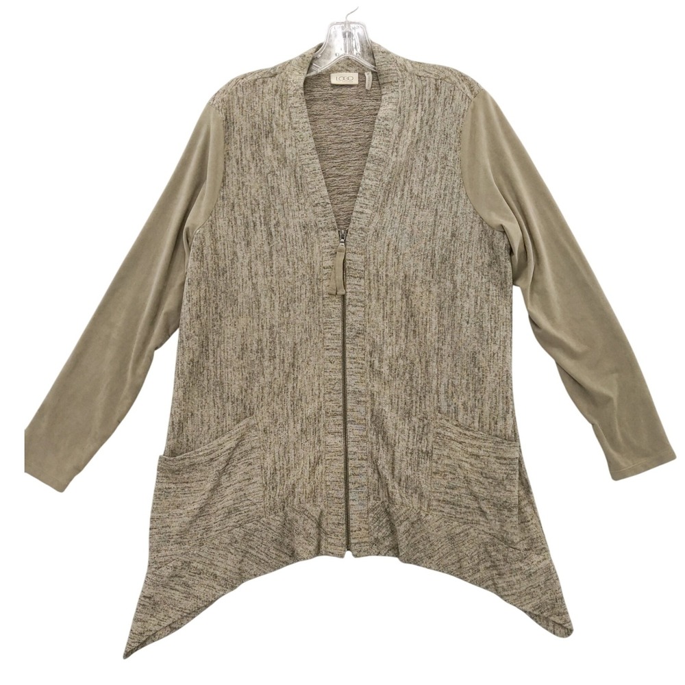 LOGO Lori Goldstein Zip Front Cardigan Pockets Oatmeal Knit‎ Jacket M
